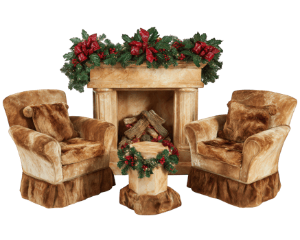 Plush armchair fireplace holiday garland festive decor cozy brown soft living room winter celebration. Plush armchairs and soft ottoman surround decorative fireplace adorned with holiday garland png