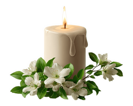 Cream candle with melting wax and soft flame surrounded by white flowers and green leaves, creating peaceful and romantic atmosphere, perfect for relaxation or spa decor png
