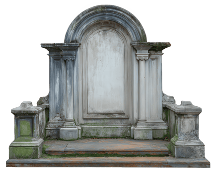 Old stone grave monument with weathered arch, moss, and ornate columns, isolated on transparency background, evokes somber, historical atmosphere suitable for cemetery or heritage themes png