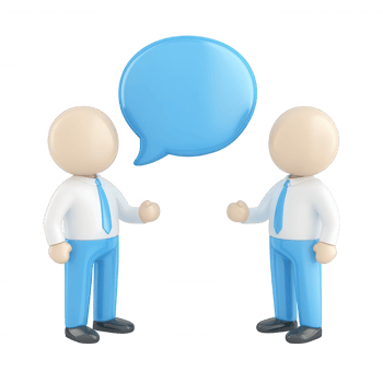 a 3d icon user businessmen are having Two conversation, represented by a large blue speech bubble between them, on a transparent background png