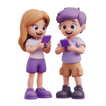 3d icon Young while characters smiling representing tapping smartphone screens, cartoon digital childhood interaction against transparent background png