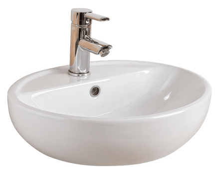 White ceramic sink with modern chrome faucet, round basin, and smooth glossy finish, isolated on transparency background, ideal for bathroom or washroom interior design png