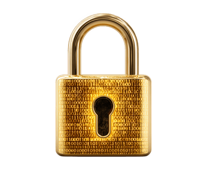 Golden padlock with binary code pattern, digital security concept, isolated on transparency background, symbolizing data protection, encryption, and privacy in modern, futuristic style png