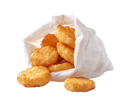 Golden chicken nugget crispy snack fried food white cloth bag isolated fast food delicious lunch appetizer junk food savory treat happy mood png