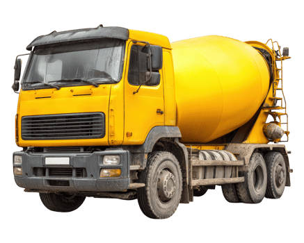 Yellow concrete mixer truck vehicle isolated on transparency background, construction equipment with large rotating drum, industrial transport for building site, heavy duty, urban development png