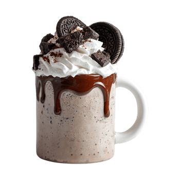 Delicious chocolate milkshake topped with whipped cream chocolate cookies and chocolate sauce in a mug png