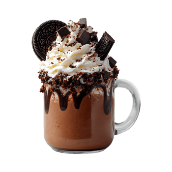 Chocolate milkshake with whipped cream cookies and chocolate pieces in a glass mug png