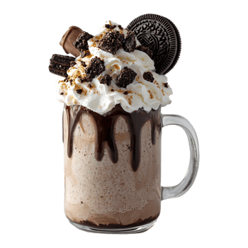 Delicious chocolate milkshake topped with whipped cream cookies and chocolate drizzle in a glass mug png