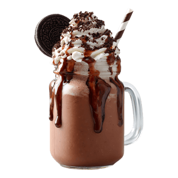 Chocolate milkshake with whipped cream cookie and chocolate syrup in a glass mug png