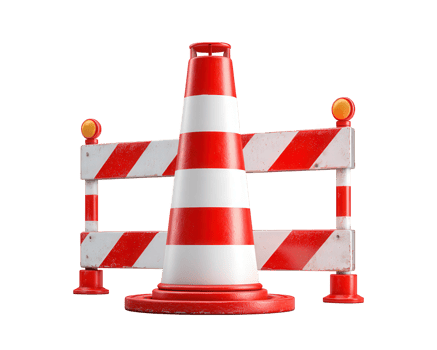 Traffic cone safety barrier red white warning construction caution road isolated equipment. Traffic cone and safety barrier with red and white stripes isolated transparency background symbolizing png