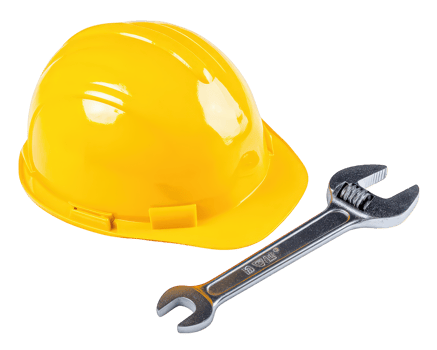 Yellow safety helmet metal wrench construction tool protective gear isolated on transparency background industrial equipment maintenance concept engineering work safety png