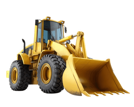 Yellow construction loader heavy equipment large bucket isolated on transparency background rugged industrial vehicle powerful machinery for earthmoving modern design clean no people png