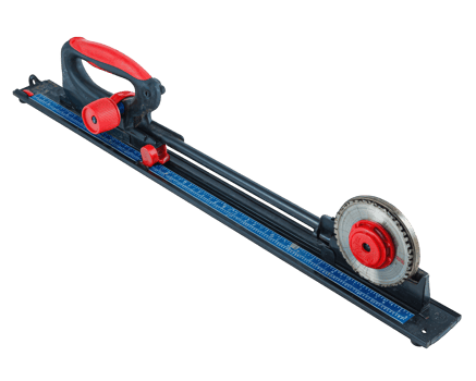 Tile cutter tool with measurement line, manual handle, sharp circular blade, blue and red color, used for cutting ceramic tile, isolated on transparency background png