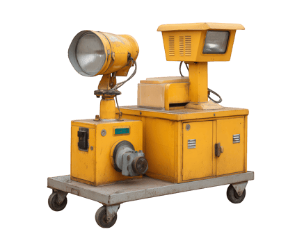 Mobile lighting tower equipment with yellow metal body, large spotlight, floodlight, and wheels for easy transport, used for construction or outdoor site illumination png