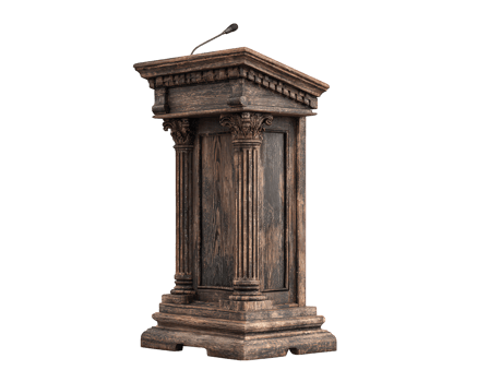 Wooden podium antique style ornate column detail isolated on transparency background classic architecture elegant vintage public speaking microphone attached png