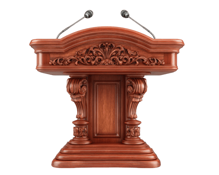 Ornate wooden podium with intricate carvings, two microphones, classic style, isolated on transparency background, suitable for speeches, conferences, or ceremonies png