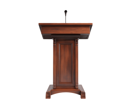 Wooden podium microphone isolated transparency background classic brown lectern for speech conference or presentation elegant design empty stage professional event communication concept png
