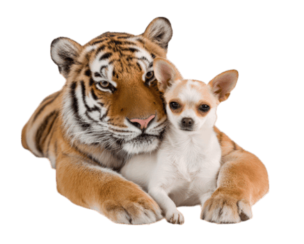 Tiger and chihuahua dog lying together, isolated on transparency background, showing unique friendship and calm expression, perfect for animal companionship and contrast concepts png