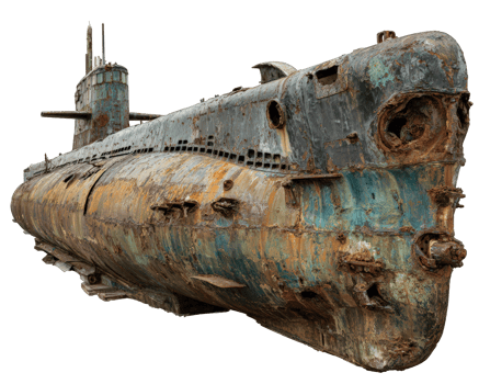 Old submarine rusted metal hull isolated on transparency background vintage military vessel abandoned weathered corroded historic maritime dramatic decay png