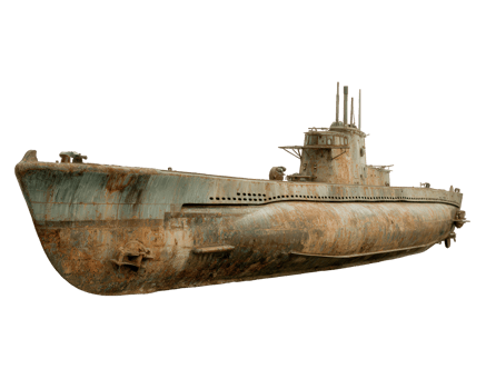 Old submarine isolated on transparency background, showing rust, weathered metal, and vintage military design, evokes sense of history and adventure beneath sea png