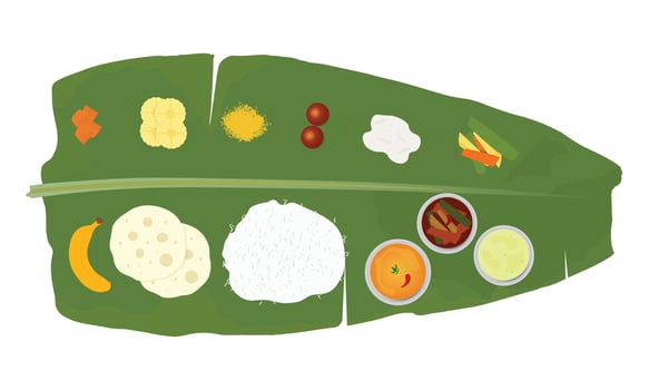 Traditional Onam food illustration. Onam Vishu Pongal Diwali festival vegetarian food Kerala Tamil Nadu South India. vector