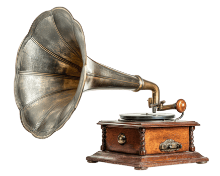 Vintage gramophone with large brass horn, wooden base, and metal turntable, isolated on transparency background, evokes nostalgia and classic music charm png