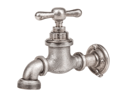 Metal water tap, isolated on transparency background, features classic design with wall mount, silver color, and textured surface, evoking vintage industrial feel png