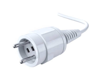 White power plug with two round metal prongs and insulated cable, isolated on transparency background, suitable for European electrical devices and home appliances png