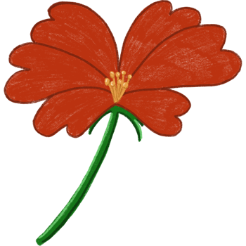 A textured illustration of a red hibiscus flower with a long green stem png