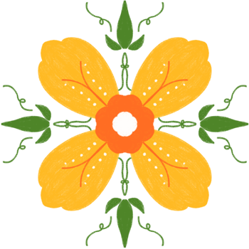 A bold and stylized symmetrical flower design featuring orange petals, green leaves, and white accent dots png