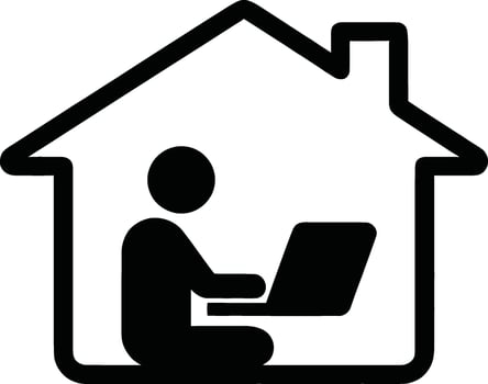 Person working on laptop inside house outline icon vector
