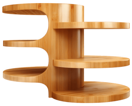 Modern bamboo bookshelf with open shelves, curved design, natural wood texture, eco friendly material, and minimalist style for home or office organization png