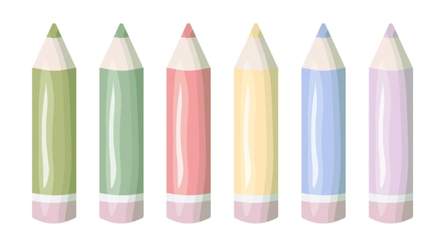 Set of six pastel colored pencils in a cartoon style. Cute and minimalistic illustration for kids, school design, stationery, or creative projects. Isolated on white background. vector