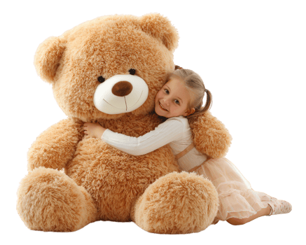 Little girl hugging large brown teddy bear smiling sitting on floor isolated on transparency background joyful childhood soft toy happiness playful cozy adorable png