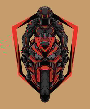 Red masked biker badge with angular edge for aggressive racing t shirt design and logo vector