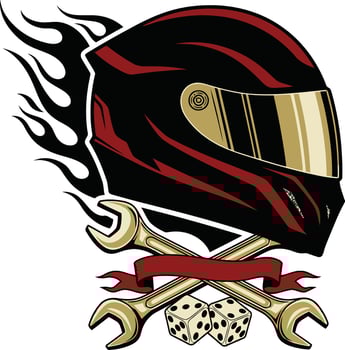 Red racing helmet badge illustration for motorcycle gear brand print and custom patch creation vector