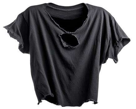 Distressed black t shirt with torn neckline and holes, isolated on transparency background, casual fashion, grunge style, worn fabric, urban streetwear png