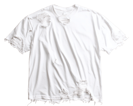White torn t shirt distressed cotton fabric short sleeve isolated on transparency background casual style worn damaged fashion trend png