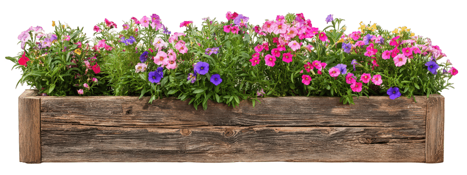 Colorful flower box rustic wood planter isolated transparency background, vibrant blooming petunia, pansy, garden decoration, cheerful spring summer floral arrangement, natural texture png