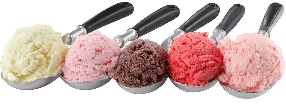 Five colorful ice cream scoops in metal scoops with black handles, isolated on transparency background, showing variety of flavors and creamy texture, evoking joyful and delicious mood png