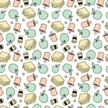 Seamless pattern with hand drawn food on white background. Apple, sandwich, coffee. School and office food. Fast food. Culinary themed texture. illustration in doodle sketch style. vector