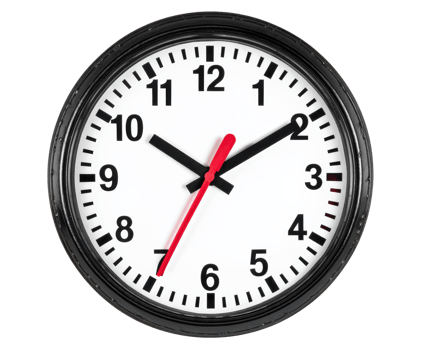 Black wall clock round shape white face black hour and minute hands red second hand modern style isolated on transparency background time concept simple and clean design png