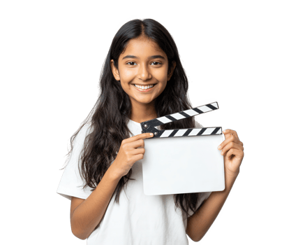 Young woman smiling and holding film slate, isolated on transparency background, cheerful expression, long dark hair, casual clothing, movie production concept png