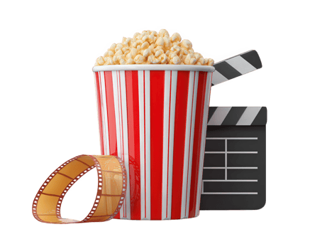 Popcorn bucket movie slate film roll cinema snack striped container entertainment film industry isolated cheerful movie night png