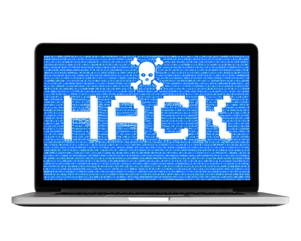 Laptop displaying blue digital HACK text with skull symbol, binary code background, symbolizing cyber attack, hacking, data breach, and online security threat png