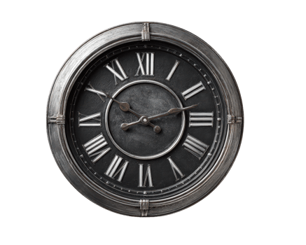Vintage wall clock with roman numerals round metal frame antique style transparency background classic timepiece elegant decorative isolated timeless retro decor png