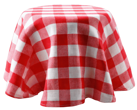 Red white gingham cloth draped over round table, isolated on transparency background, classic picnic style, cheerful and inviting, fabric texture visible, home decor concept png