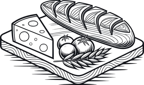 Black and white illustration of bread cheese tomatoes and wheat vector