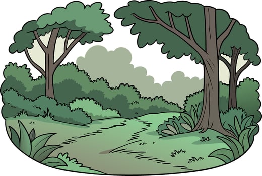 Cartoon forest path with trees and bushes nature vector