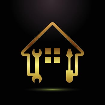 Golden Home Repair Logo Showcasing Wrench Screwdriver and Window for Construction Renovation or Handyman Services vector